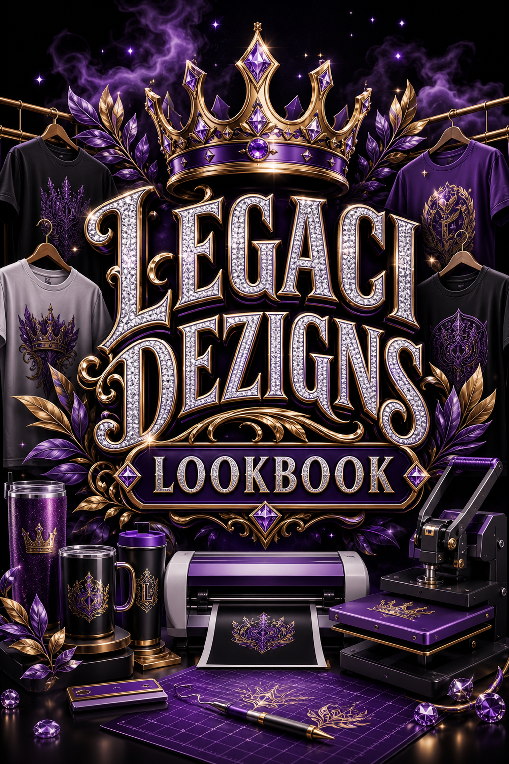 Legaci Dezigns Lookbook, featuring custom shirts, tumblers, printing equipment, a heat press, and a jeweled crown